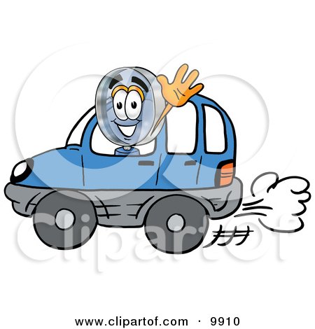 Clipart Picture of a Magnifying Glass Mascot Cartoon Character Driving a Blue Car and Waving by Mascot Junction