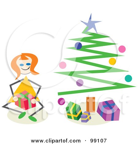 Royalty-Free (RF) Clipart Illustration of a Stick Girl Opening Christmas Presents By A Tree by Prawny
