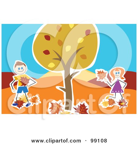 Royalty-Free (RF) Clipart Illustration of a Stick Boy And Girl Playing With Leaves Under An Autumn Tree by Prawny