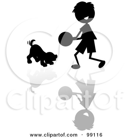 Royalty-Free (RF) Clipart Illustration of a Silhouetted Stick Boy Playing Ball With A Puppy by Pams Clipart