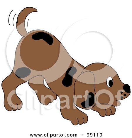 Royalty-Free (RF) Clipart Illustration of a Brown Puppy Dog With Black Spots, Wagging His Tail And Bending Down by Pams Clipart
