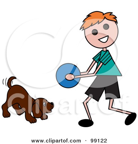 Royalty-Free (RF) Clipart Illustration of a Red Haired Stick Boy Playing Ball With A Dog by Pams Clipart