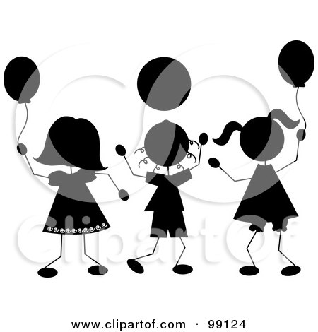 Royalty-Free (RF) Clipart Illustration of Silhouetted Stick Children Playing With Balloons by Pams Clipart