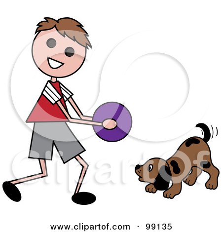Royalty-Free (RF) Clipart Illustration of a Brunette Stick Boy Playing Ball With A Dog by Pams Clipart