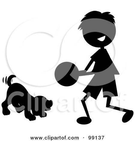 Royalty-Free (RF) Clipart Illustration of a Silhouetted Stick Boy Playing Ball With A Dog by Pams Clipart