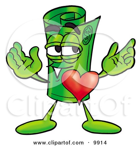 Clipart Picture of a Rolled Money Mascot Cartoon Character With His Heart Beating Out of His Chest by Toons4Biz