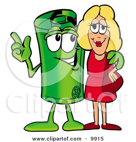 Clipart Picture of a Rolled Money Mascot Cartoon Character Talking to a Pretty Blond Woman by Mascot Junction
