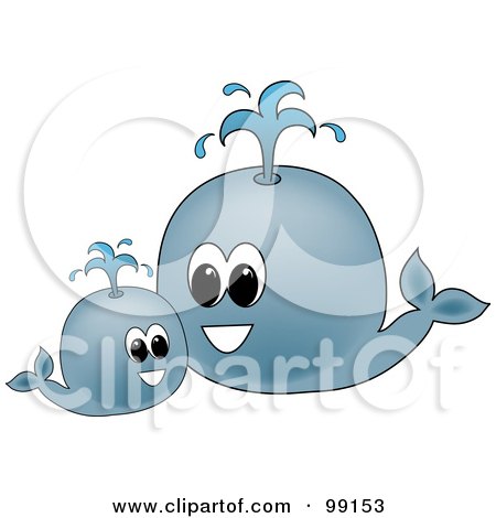 Royalty-Free (RF) Clipart Illustration of a Round Blue Whale And Its Mother Spouting Water by Pams Clipart