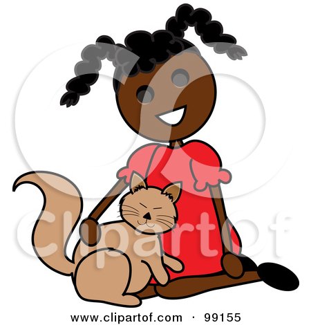 Royalty-Free (RF) Clipart Illustration of a Black Stick Girl Petting A Cat by Pams Clipart