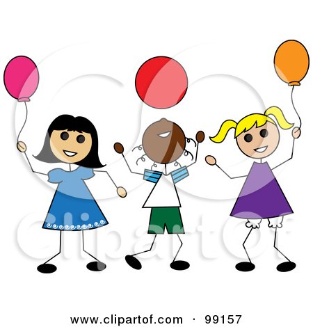 Royalty-Free (RF) Clipart Illustration of a Black Stick Boy And Two White Stick Girls Playing With Balloons by Pams Clipart
