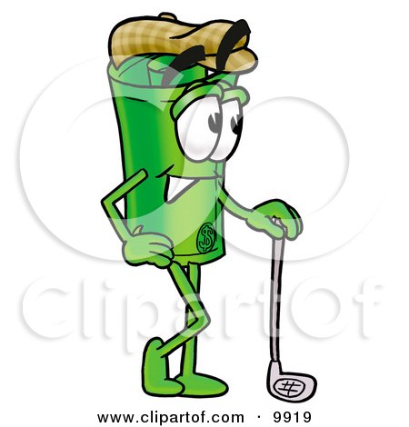 Clipart Picture of a Rolled Money Mascot Cartoon Character Leaning on a Golf Club While Golfing by Mascot Junction