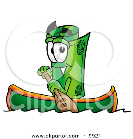 Clipart Picture of a Rolled Money Mascot Cartoon Character Rowing a Boat by Toons4Biz