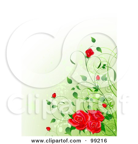 Royalty-Free (RF) Clipart Illustration of a Background Of Red Roses And Buds Over Gradient Green by Pushkin