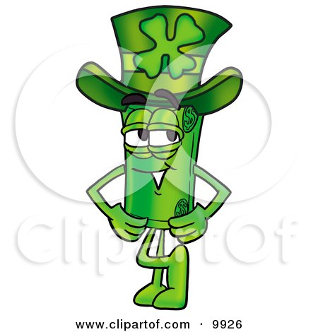Clipart Picture of a Rolled Money Mascot Cartoon Character Wearing a Saint Patricks Day Hat With a Clover on it by Toons4Biz