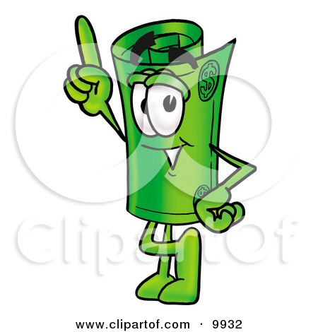 Clipart Picture of a Rolled Money Mascot Cartoon Character Pointing Upwards by Toons4Biz