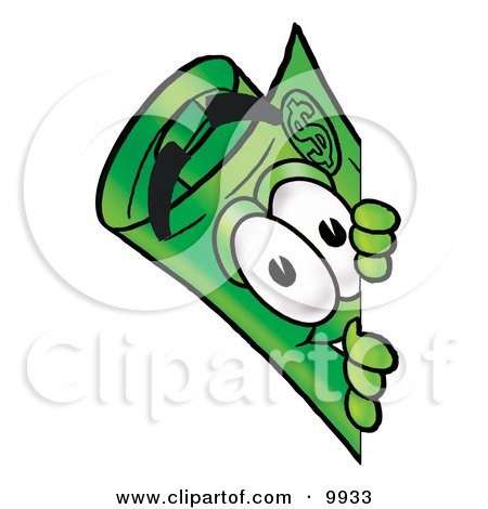 Clipart Picture of a Rolled Money Mascot Cartoon Character Peeking Around a Corner by Toons4Biz