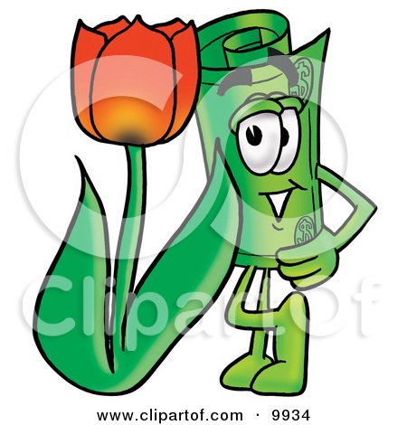 Clipart Picture of a Rolled Money Mascot Cartoon Character With a Red Tulip Flower in the Spring by Mascot Junction