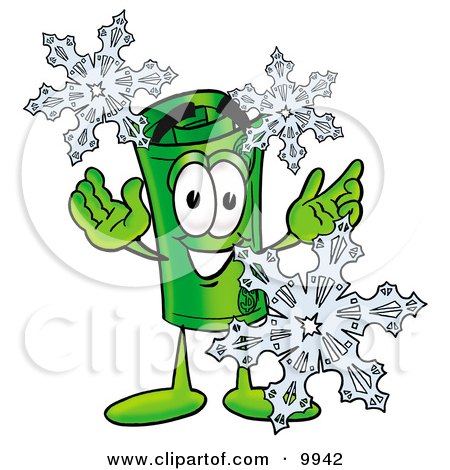 Clipart Picture of a Rolled Money Mascot Cartoon Character With Three Snowflakes in Winter by Mascot Junction