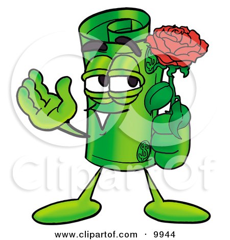 Clipart Picture of a Rolled Money Mascot Cartoon Character Holding a Red Rose on Valentines Day by Toons4Biz