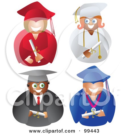 Royalty-Free (RF) Clipart Illustration of a Digital Collage Of Male And Female Graduates In Different Colored Gowns by Prawny