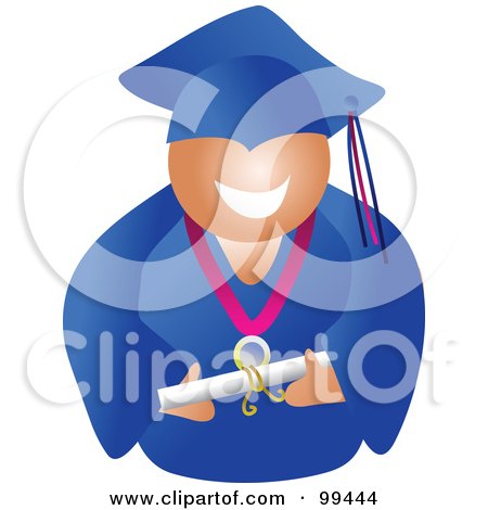 Royalty-Free (RF) Clipart Illustration of a Male Graduate In A Blue Cap And Gown, Holding His Diploma by Prawny