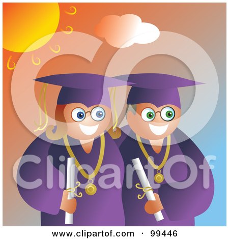 Royalty-Free (RF) Clipart Illustration of Two Graduates In Purple Caps And Gowns Under The Sun by Prawny