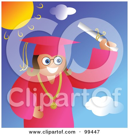 Royalty-Free (RF) Clipart Illustration of a Female Graduate In A Pink Cap And Gown, Holding Her Diploma On A Sunny Day by Prawny