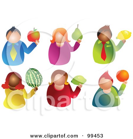 Royalty-Free (RF) Clipart Illustration of a Digital Collage Of Six Men And Women Holding Fruit by Prawny