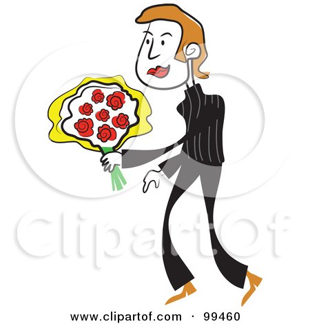 Royalty-Free (RF) Clipart Illustration of a Man In Black, Holding A Bouquet Of Roses by Prawny