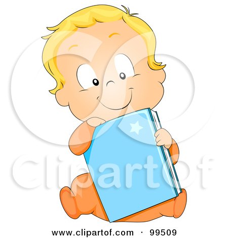 Royalty-Free (RF) Clipart Illustration of a Baby Boy Sitting With A Blue Book by BNP Design Studio