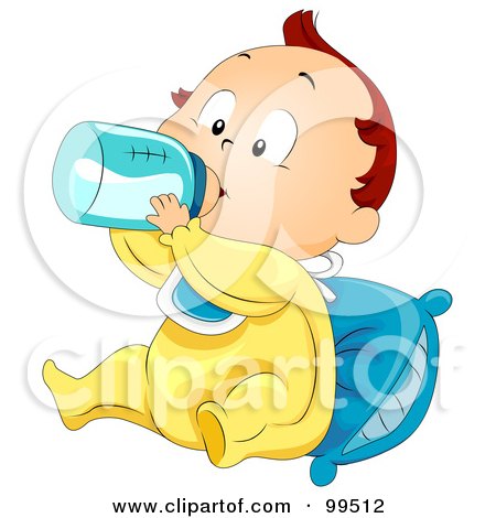 Royalty-Free (RF) Clipart Illustration of a Baby Boy Sitting Against A Pillow And Drinking Milk From A Bottle by BNP Design Studio