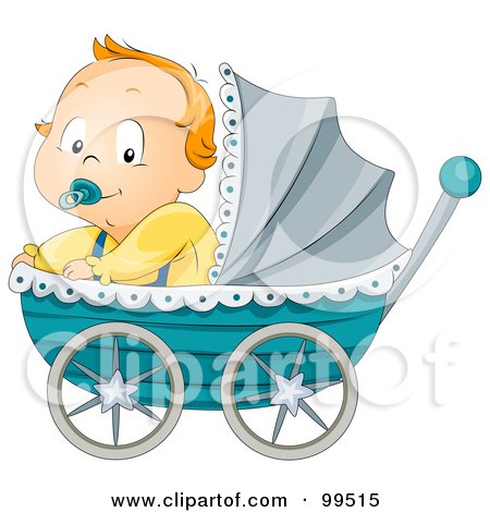 Royalty-Free (RF) Clipart Illustration of a Baby Boy Sitting In A Blue Pram by BNP Design Studio