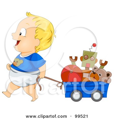 Royalty-Free (RF) Clipart Illustration of a Baby Boy Pulling His Toys In A Wagon by BNP Design Studio