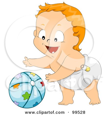 Royalty-Free (RF) Clipart Illustration of a Baby Boy In A Diaper, Reaching For A Ball by BNP Design Studio