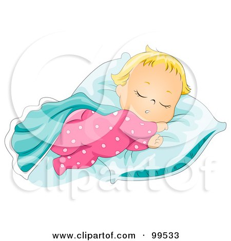Royalty-Free (RF) Clipart Illustration of a Cute Baby Girl Sleeping With Her Blanket And Pillow by BNP Design Studio