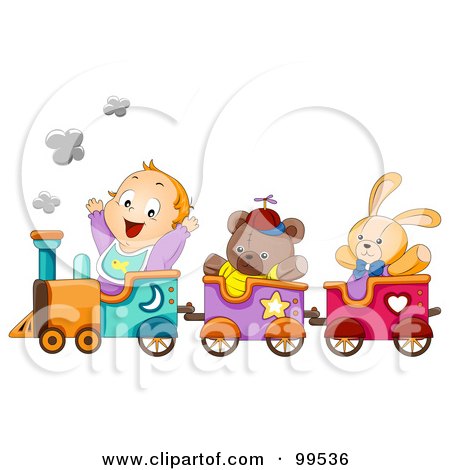 Royalty-Free (RF) Clipart Illustration of a Baby Boy Riding A Train With Stuffed Animals by BNP Design Studio