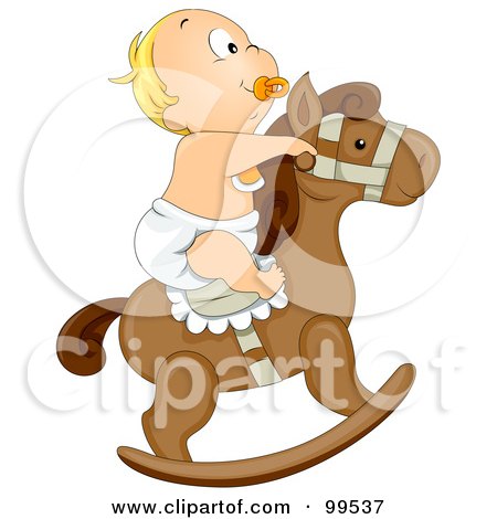 Royalty-Free (RF) Clipart Illustration of a Baby Boy Sucking On A Pacifier And Riding A Rocking Horse by BNP Design Studio