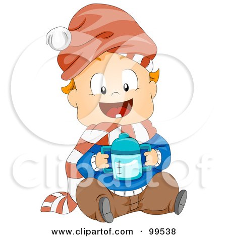 Royalty-Free (RF) Clipart Illustration of a Baby Boy Sitting And Holding A Sippy Cup by BNP Design Studio