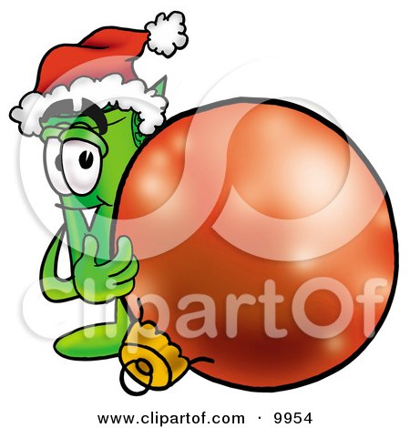 Clipart Picture of a Rolled Money Mascot Cartoon Character Wearing a Santa Hat, Standing With a Christmas Bauble by Toons4Biz