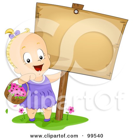 Royalty-Free (RF) Clipart Illustration of a Cute Baby Girl Carrying A Basket Of Flowers By A Blank Sign by BNP Design Studio