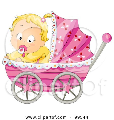 Royalty-Free (RF) Clipart Illustration of a Baby Girl Sitting In A Pink Pram by BNP Design Studio
