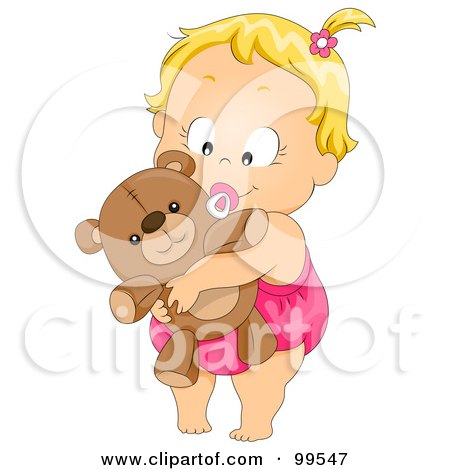 Royalty-Free (RF) Clipart Illustration of a Cute Baby Girl Sucking On A Pacifier And Hugging Her Teddy Bear by BNP Design Studio