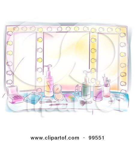 Royalty-Free (RF) Clipart Illustration of an Artistic Scene Of A Beauty Vanity Table And Lighted Mirror by BNP Design Studio