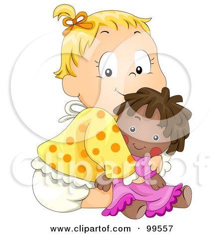 Royalty-Free (RF) Clipart Illustration of a Cute Baby Girl Hugging Her Doll by BNP Design Studio