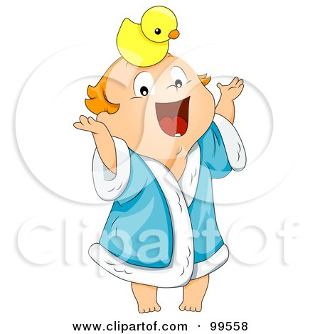 Royalty-Free (RF) Clipart Illustration of a Baby Boy In A Robe, Balancing A Duck On His Head by BNP Design Studio