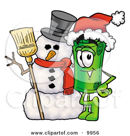 Clipart Picture of a Rolled Money Mascot Cartoon Character With a Snowman on Christmas by Mascot Junction