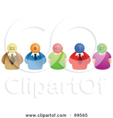 Royalty-Free (RF) Clipart Illustration of a Line Of Business Men And Women With Lottery Ball Heads by Prawny