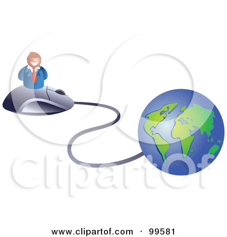Royalty-Free (RF) Clipart Illustration of a Businessman On A Mouse Connected To A Globe by Prawny