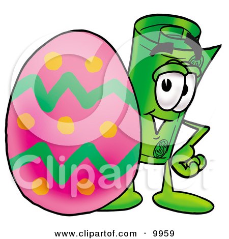 Clipart Picture of a Rolled Money Mascot Cartoon Character Standing Beside an Easter Egg by Toons4Biz