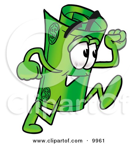 Clipart Picture of a Rolled Money Mascot Cartoon Character Running by Mascot Junction